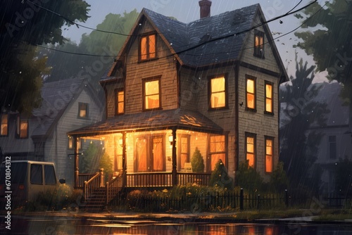 An Illustration Showcasing a Charming House Delicately Embraced by a Cascading Raindrop