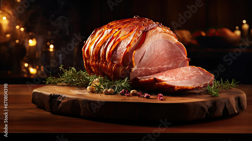 sliced ham on a wooden board. christmas food photo