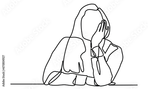 Continuous line drawings of a young woman's sad emotional shock, loss, grief, life problems, confusion messy feelings worried about bad mental health. The concept of failure and heartbreak is isolated