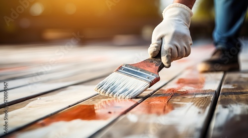 Coating with colored protective paint on the wooden surface of the lining boards. Hand with a brush paints a bright turquoise surface outdoors in Sunny weather. photo
