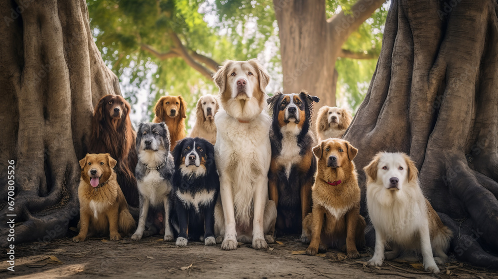 Obraz premium A number of well-dressed dogs stand under a large tree and look at the camera.