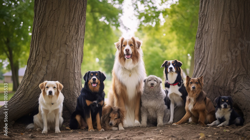 A number of well-dressed dogs stand under a large tree and look at the camera. © JKLoma