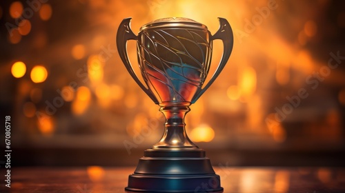 Trophy held high as light radiates, symbolizing success