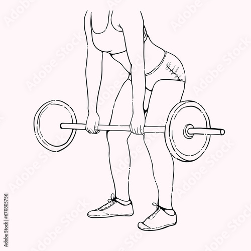 Young fit woman with heavy barbell doing deadlift for back workout