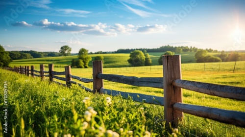 Sturdy wooden fence stands proudly amidst lush green fields