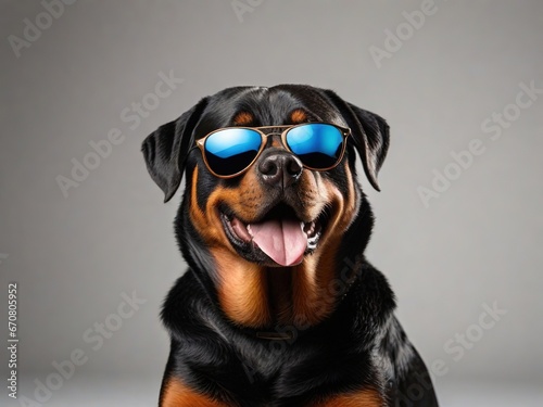Perro de raza Rottweiler usando gafas para el sol con la lengua de fuera © Jomizu