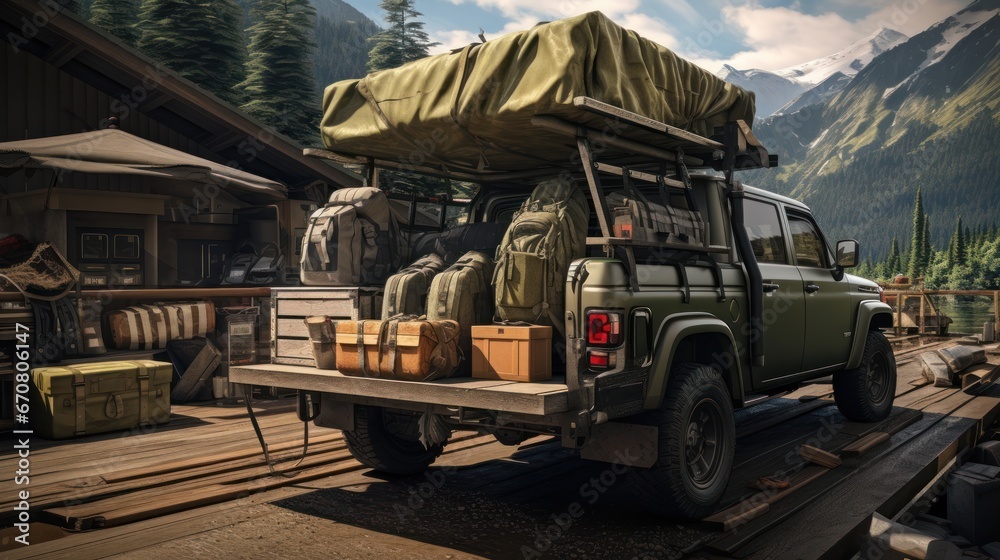 The truck is packed, ready for a camping adventure in the wild