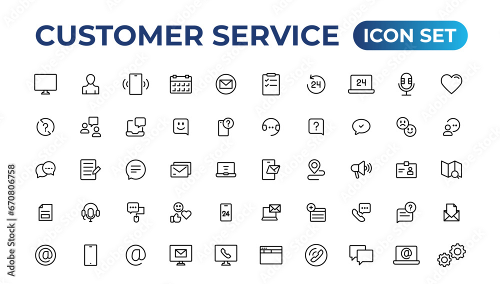 Customer service icon set. Containing customer satisfied, assistance, experience, feedback, operator and technical support icons.Thin outline icons pack. Customer service icon set. Containing customer satisfied, assistance, experience, feedback, operator and technical support icons.Thin outline icons pack.