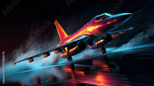 Jet takes its night flight, illuminated in the sky