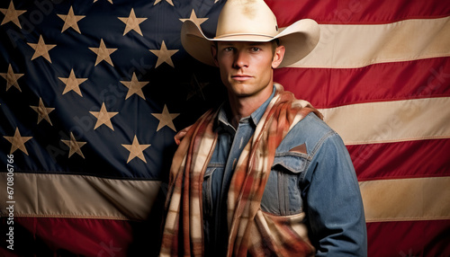 Proud Texas cowboy with American flag generative ai