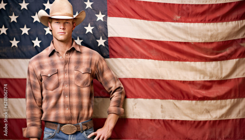 Proud Texas cowboy with American flag generative ai