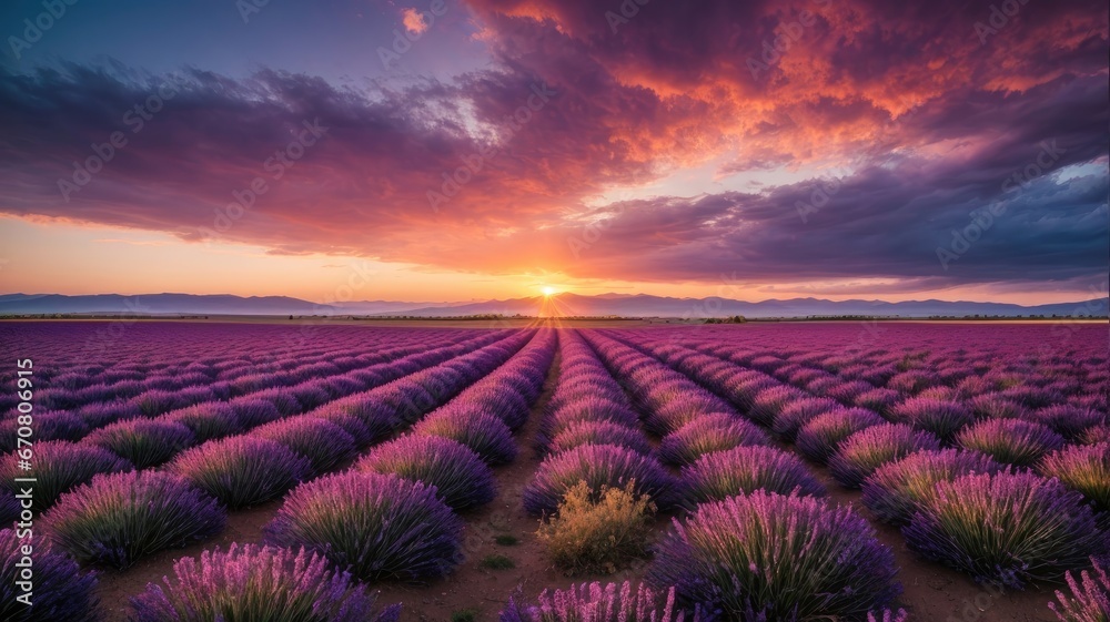 Sunset Over Lavender Fields: A Dreamy Landscape, generative AI Sunset Over Lavender Fields: A Dreamy Landscape, generative AI