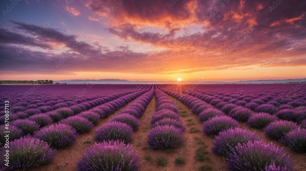 Sunset Over Lavender Fields: A Relaxing Retreat, generative AI Sunset Over Lavender Fields: A Relaxing Retreat, generative AI