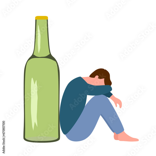 Drunk depressed man. Alcohol addiction. Sad man sitting next to beer bottle in flat design on white background.