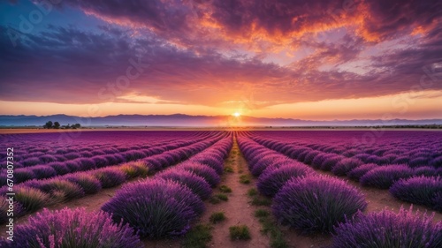 The Tranquil Elegance of Sunset Over Lavender Fields, generative AI © Sohel