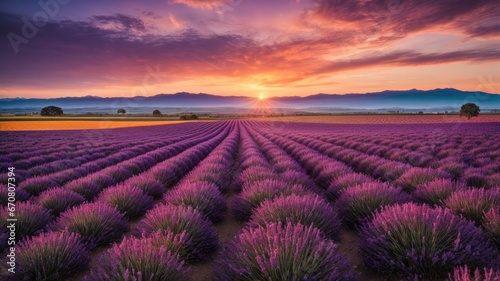 Capturing the Beauty of Sunset Over Lavender Fields, generative AI