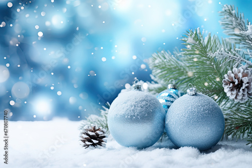 christmas blue ball decorations with snow with copy space. christmas and happy new year concept.