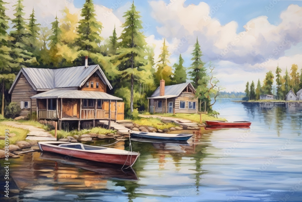 Obraz premium Enchanting Oil Painting of Boats and Cabin Dotted Shoreline