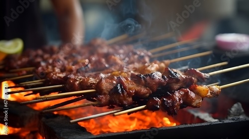 The process of burning savory beef satay with spicy seasoning on the burning coals. Lombok's famous traditional satay, Sate Rembiga, Lombok special culinary