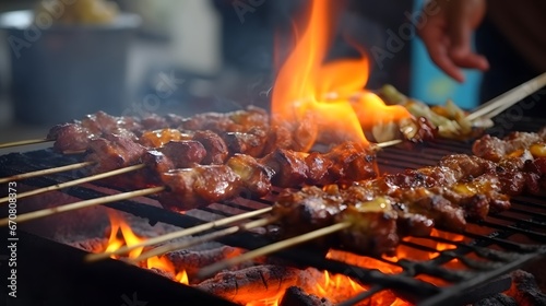 The process of burning savory beef satay with spicy seasoning on the burning coals. Lombok s famous traditional satay  Sate Rembiga  Lombok special culinary