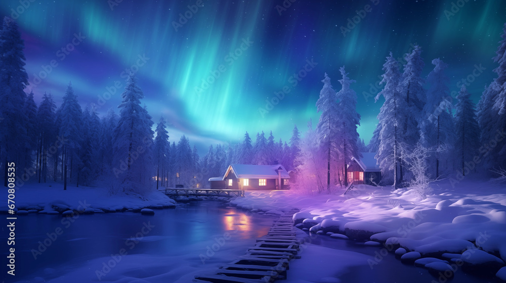 Beautiful background wallpaper polar winter scenery with aurora