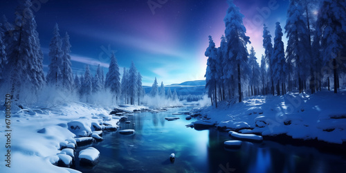 Beautiful background wallpaper polar winter scenery with aurora