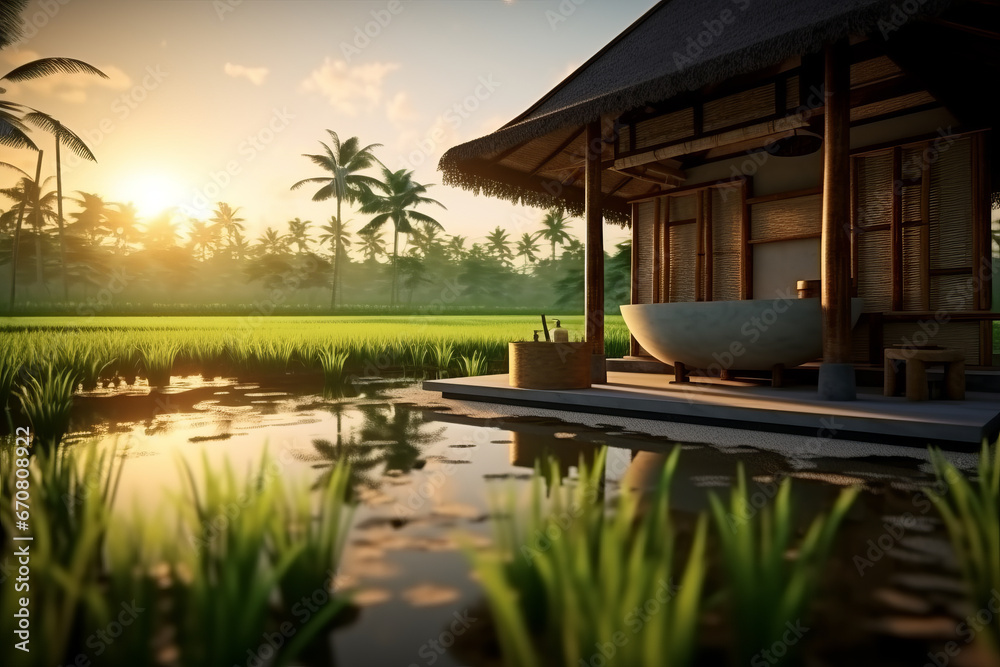 Japanese-style bathroom a mid rice fields, serene morning. generative ai Japanese-style bathroom a mid rice fields, serene morning. generative ai