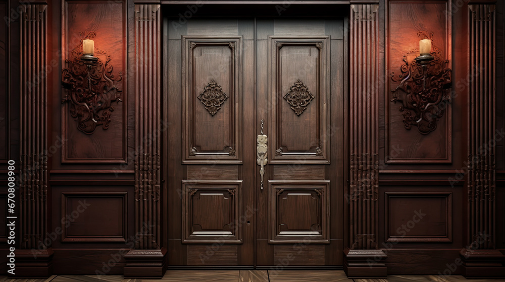 classic double front entrance wooden doors - obrazy, fototapety, plakaty 