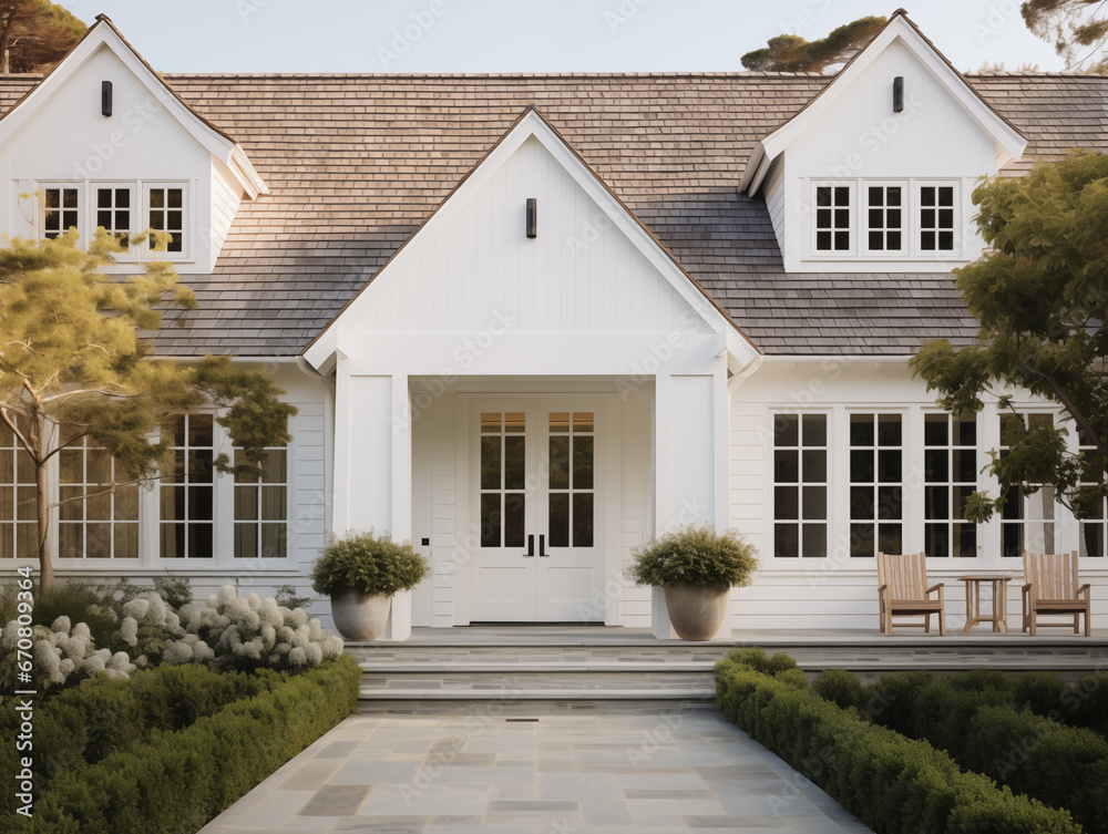 white modern english country house with a front porch and garden and ...