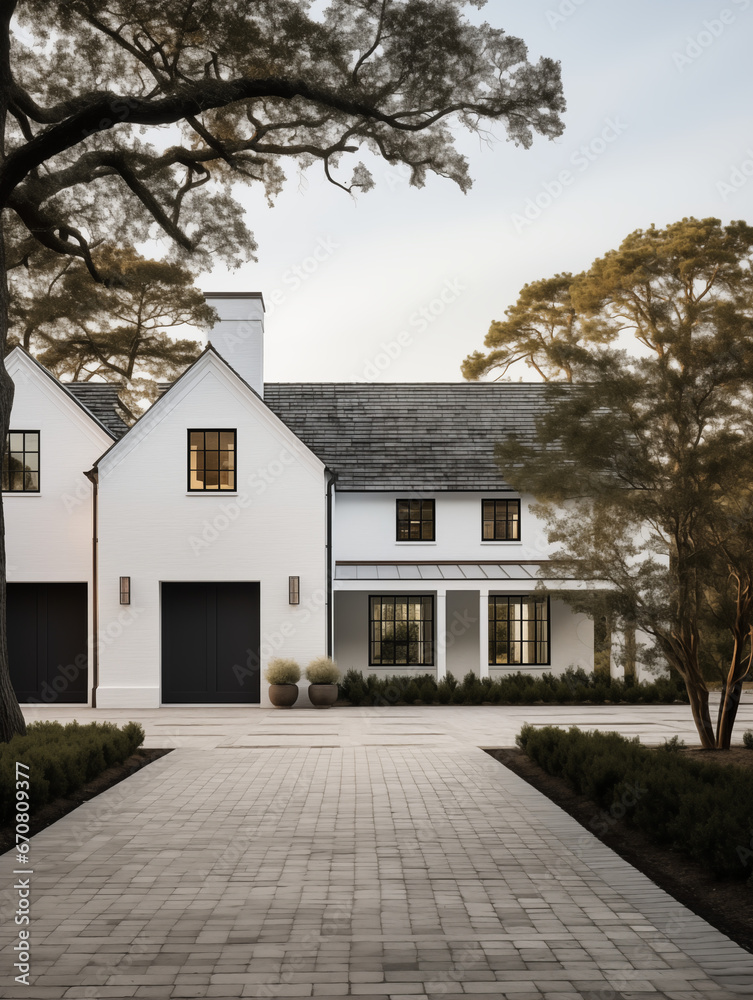 White and black house home modern farmhouse cottage front view driveway ...