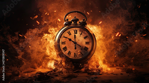 clock on fire, burning time. the fire surrounds a burning clock