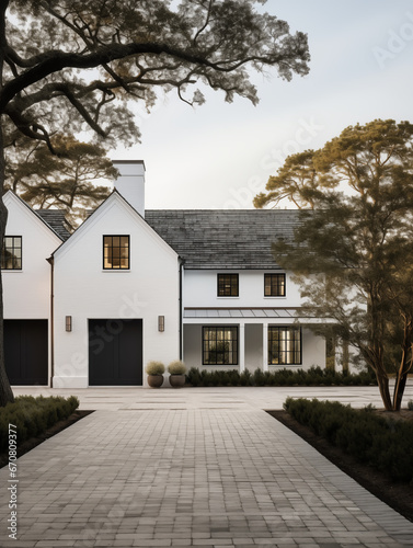 White and black house home modern farmhouse cottage front view driveway pathway with front lawn landscaping and big trees