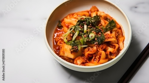 Top view of kimchi served in a white bowl