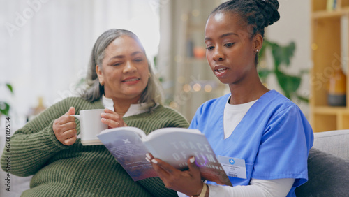Tableau sur toile Coffee, reading book or senior patient with nurse on sofa for nursing home, retirement or house