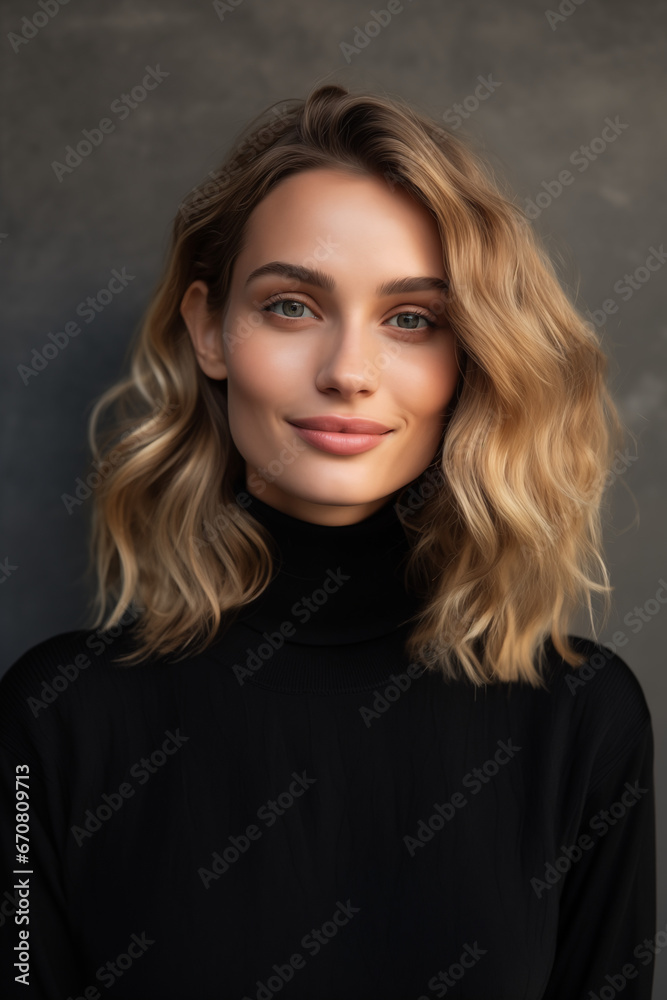 portrait headshot of a beautiful woman female in a black turtleneck sweater with blonde curly wavy hair portrait headshot of a beautiful woman female in a black turtleneck sweater with blonde curly wavy hair