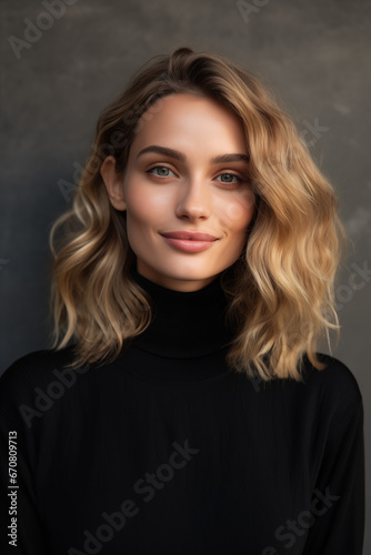 portrait headshot of a beautiful woman female in a black turtleneck sweater with blonde curly wavy hair