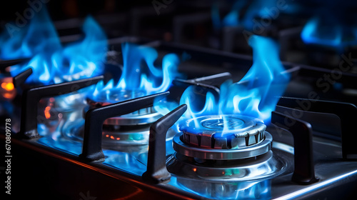 Close up shot of blue fire from domestic kitchen stove top. Gas cooker with burning flames of propane gas. Gas supply chain and news. Global gas crisis and price rise.