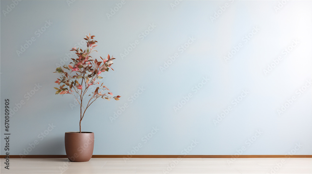plain wall interior with sakura flower flower in pot on the edge of the wall plain wall interior with sakura flower flower in pot on the edge of the wall