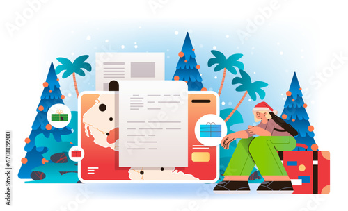 woman tourist in santa hat track and manage travel expenses businesswoman going to business trip traveling concept