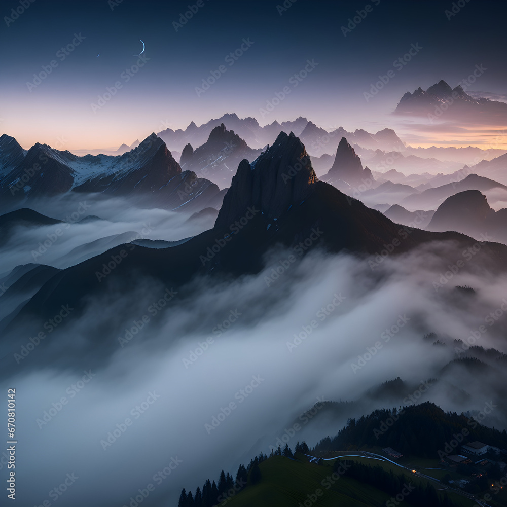 a mountain range covered in fog at sunset
