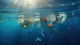 plastic garbage floats under the sea. ocean pollution problem, environment concept