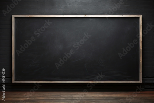 an empty blackboard in a room with black wall