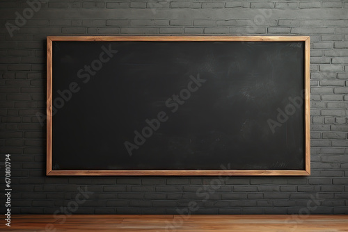 an empty blackboard in a room with black wall