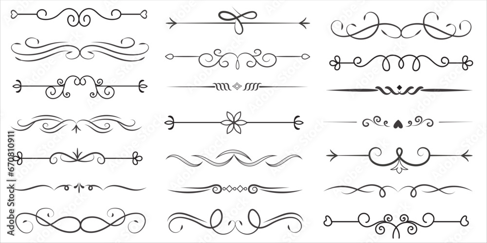 Page Divider And Design Elements. Set of Various Simple Black Divider Design, Assorted Divider Collection Template Vector. Collection of floral dividers elements mega decoration for Calligraphy.