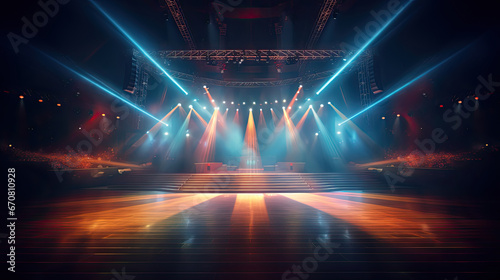 empty stage for performances with colorful lighting. a stage set up with spotlights and lighting photo
