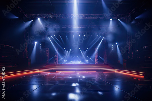 empty stage for performances with colorful lighting. a stage set up with spotlights and lighting