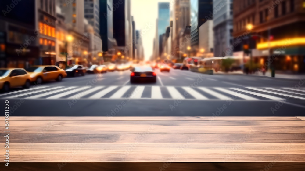 Obraz premium The empty wooden table top with blur background of street city. 