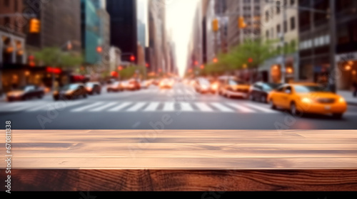 The empty wooden table top with blur background of street city. 