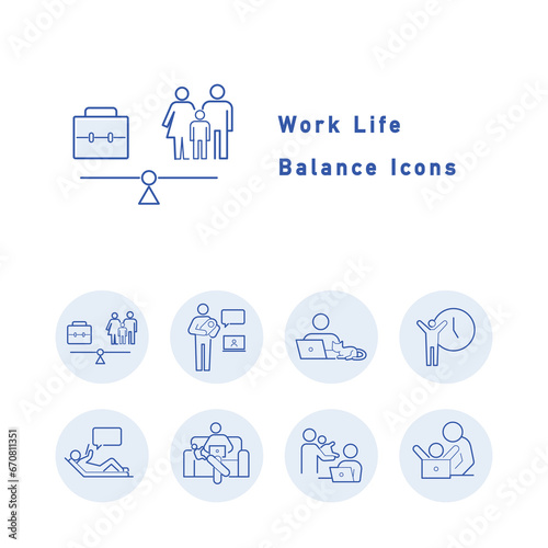 ワークライフバランス・働き方改革に関するアイコンイラスト（円形・カラー）のセット