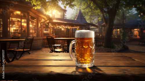 Front view Draft Beer on the table and cafe background with sunny rays for advertise. Created using generative AI.
